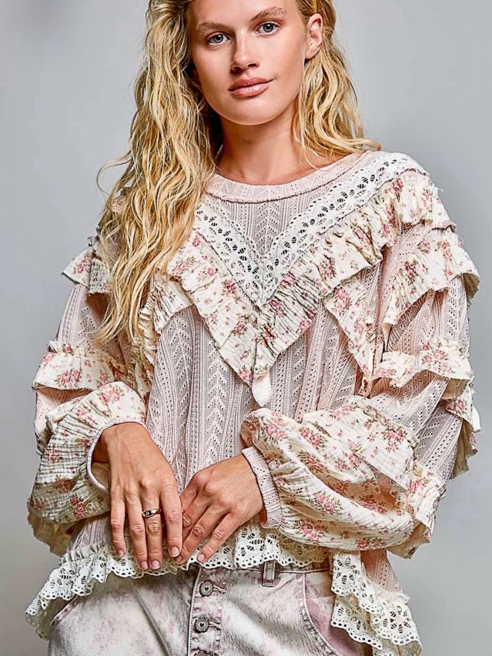 NWOT. POL Cream-Trim Blush Pink Ruffled Peasant Sweater